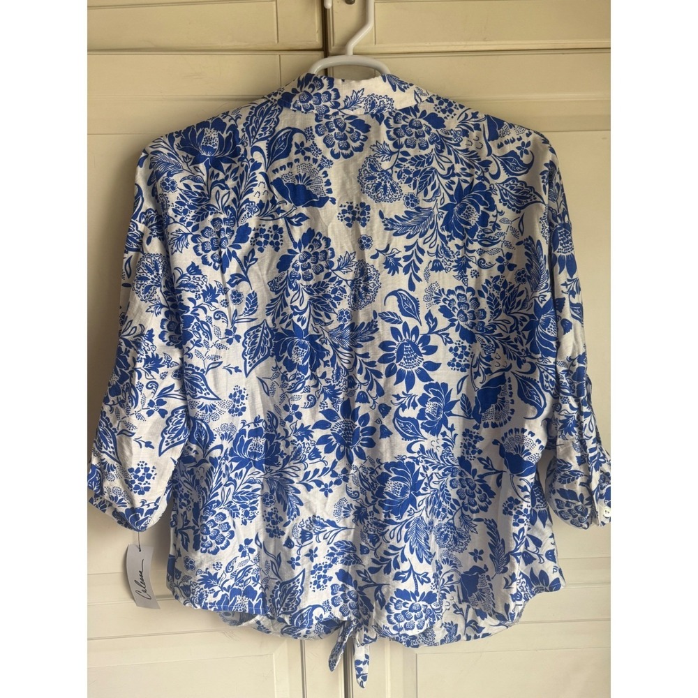 Calessa Blue White Floral Chintz Tie Front Button Shirt SM25B10 Womens Large NEW - Picture 2 of 10